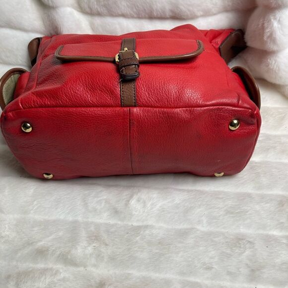 Isaac Mizrahi leather blood orange red shoulder bag with brown trims. - Picture 3 of 13